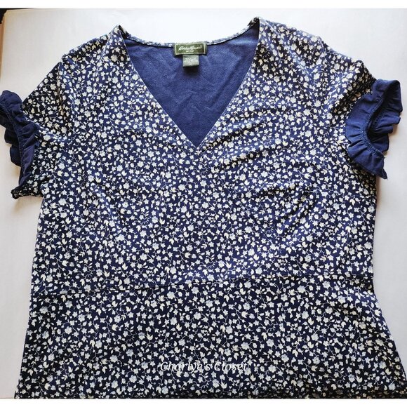 Eddie Bauer Classic Navy Floral Cottagecore Midi Dress Ruffle Trim Sz. XL Tall - Picture 2 of 10